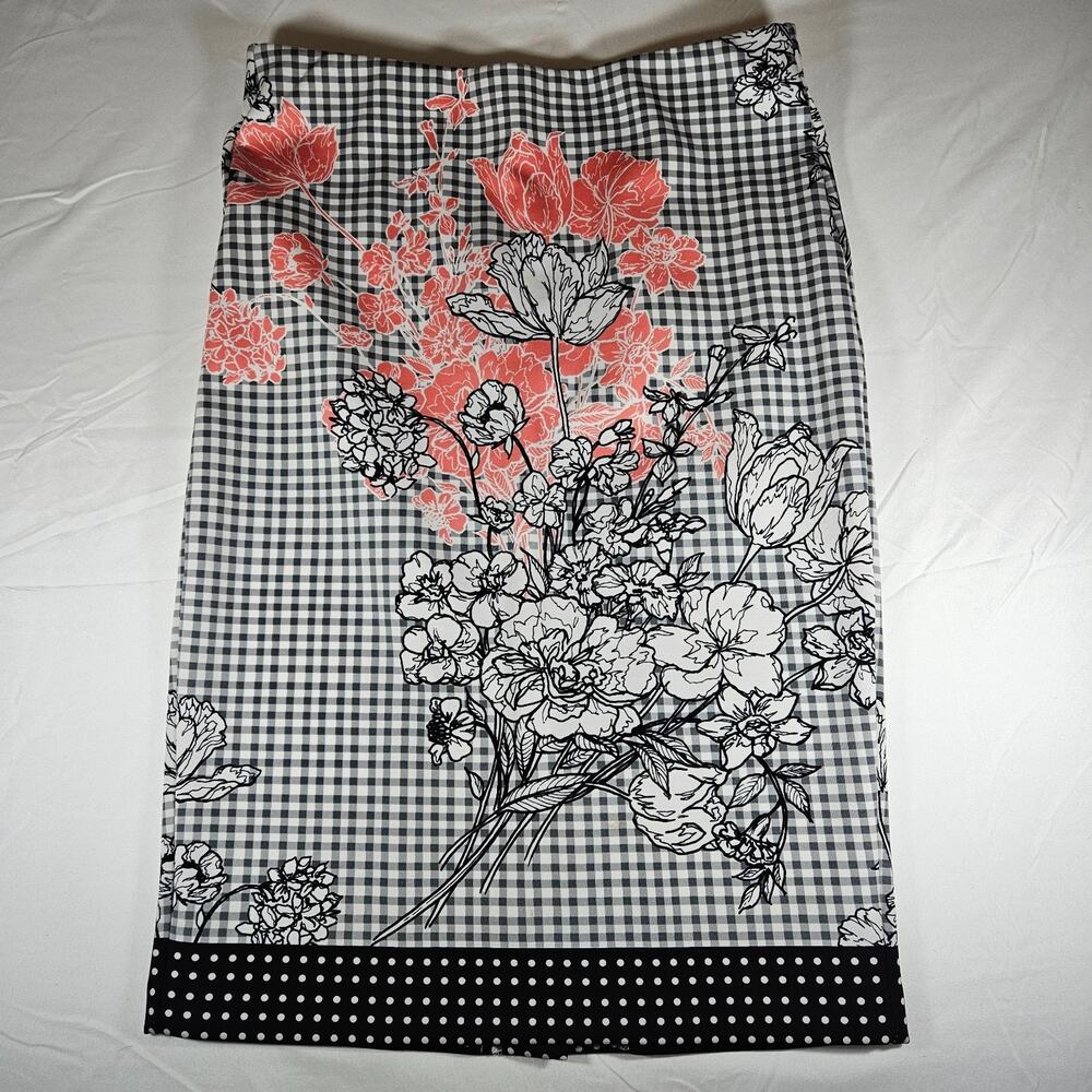 ECI New York Women's Floral Gingham Pencil Skirt Size Large Black White Coral